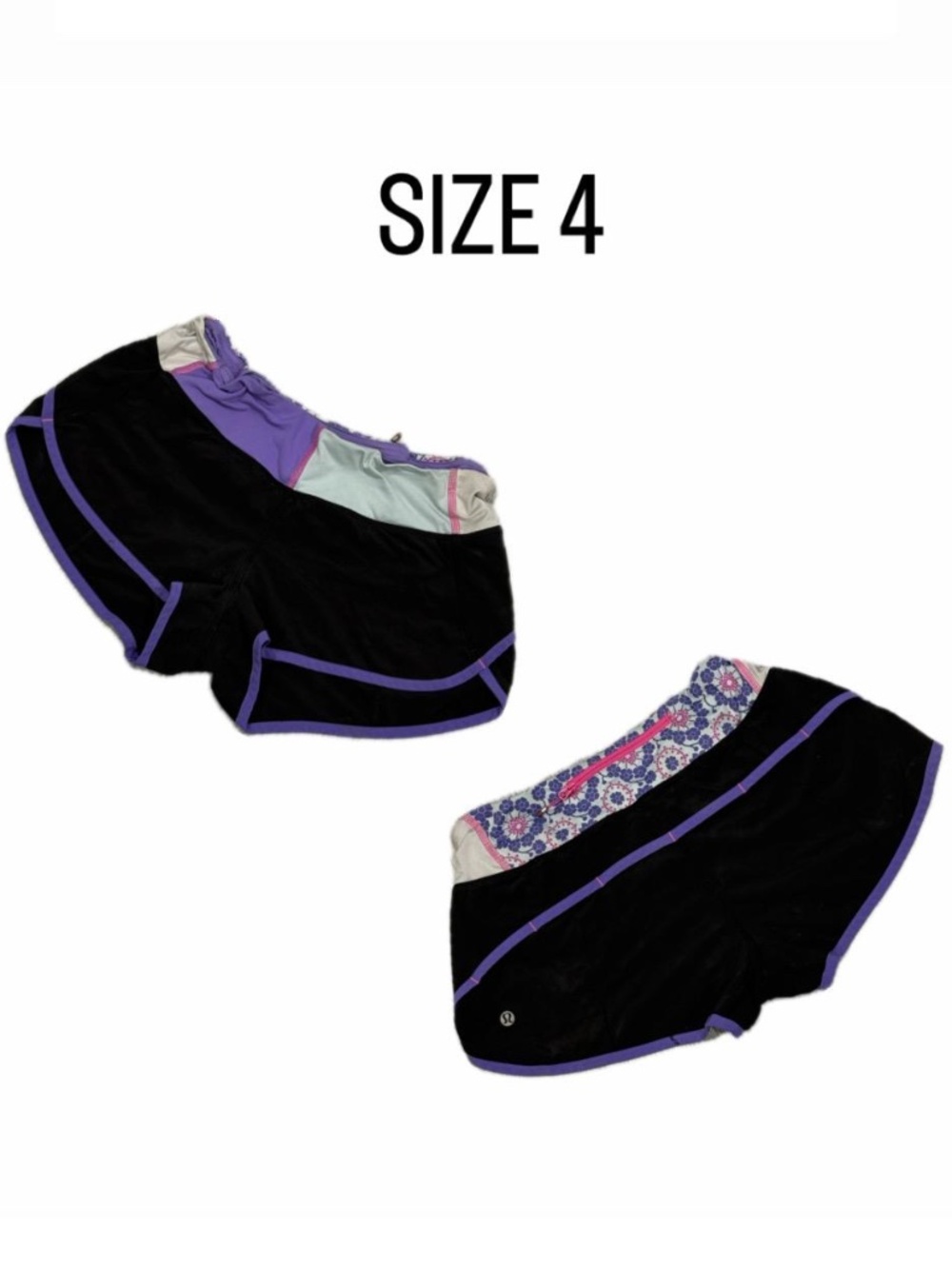 Lululemon Athletica Speed Up Shorts Black with Purple & Mint Color - Size 4.